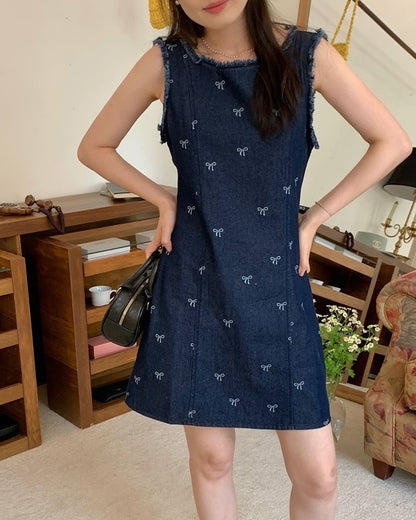ベストリボン付きデニムワンピース