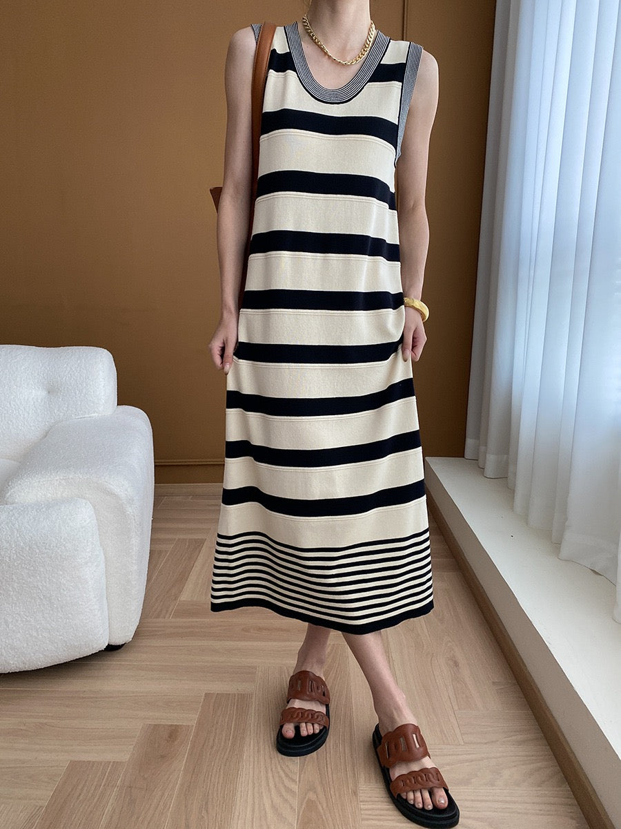 ストライプリブ付ノースリーブワンピース 