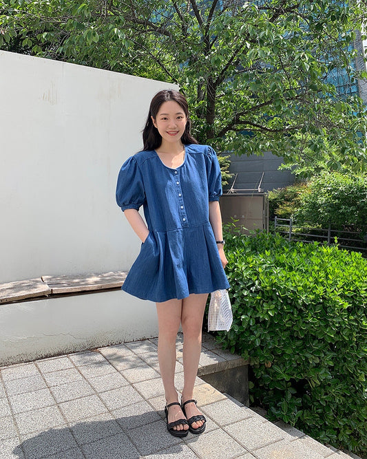 Puff Sleeve Denim Pleated Skirt