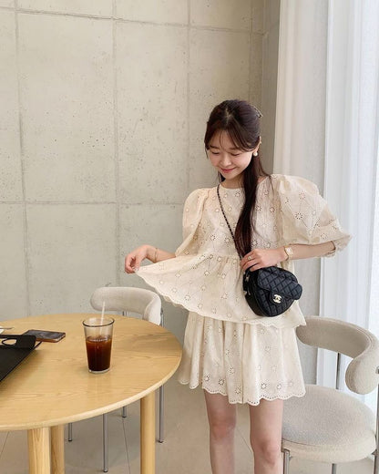 レース刺繍ショートパンツセット