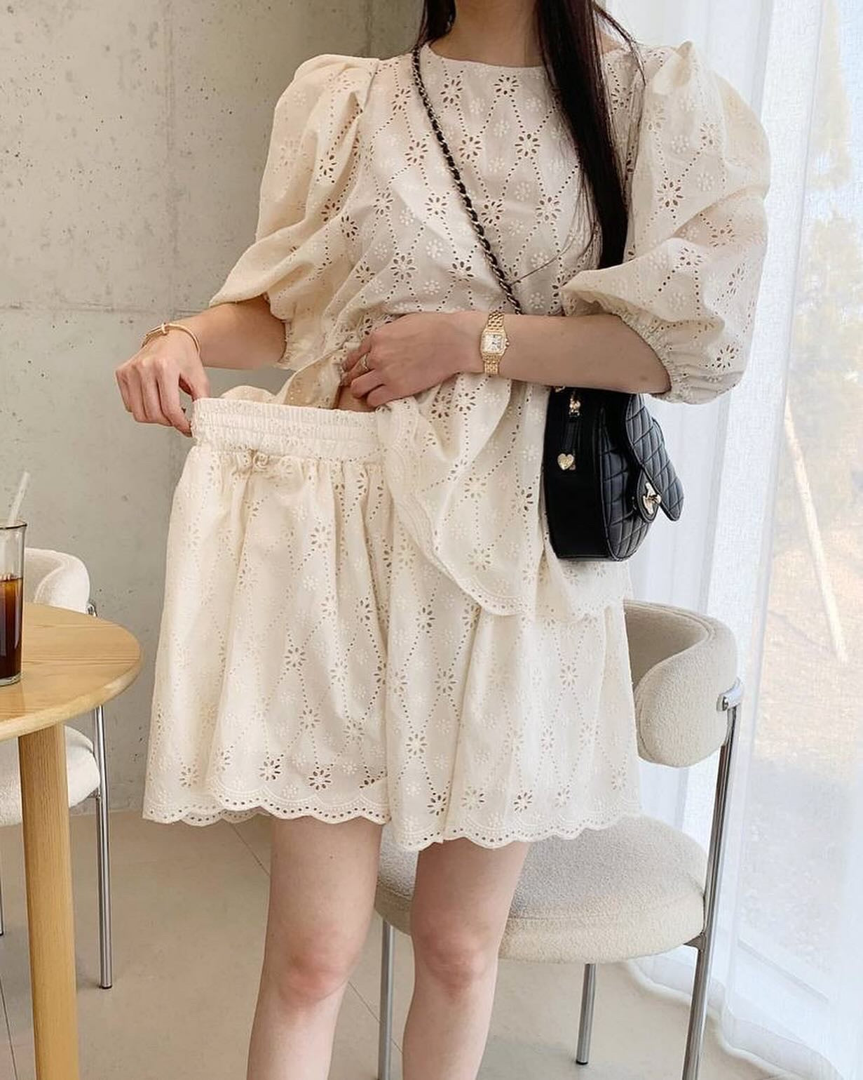 レース刺繍ショートパンツセット