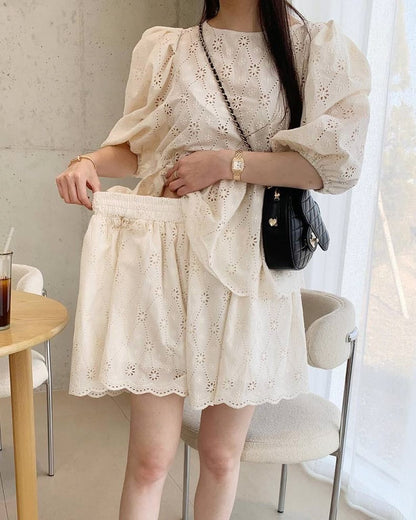 レース刺繍ショートパンツセット