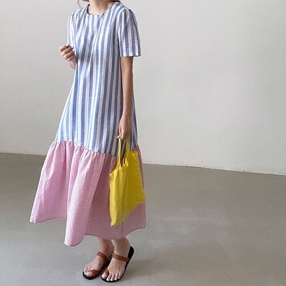 條紋拼接荷葉邊連身裙