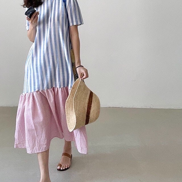 條紋拼接荷葉邊連身裙