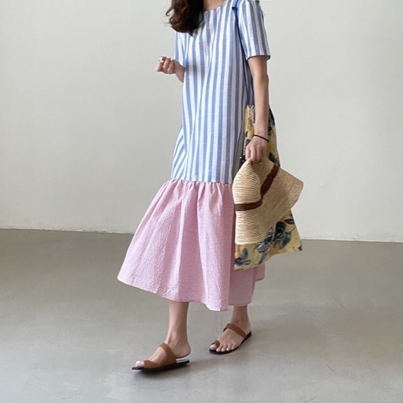 條紋拼接荷葉邊連身裙