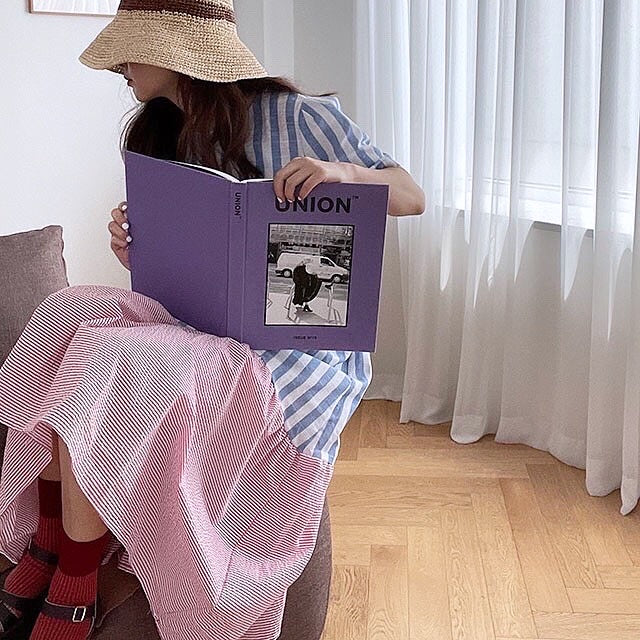 條紋拼接荷葉邊連身裙