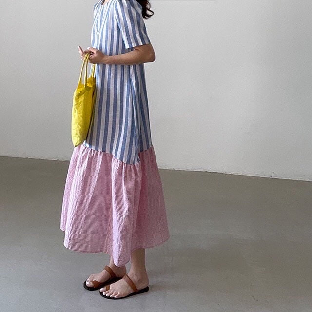 條紋拼接荷葉邊連身裙