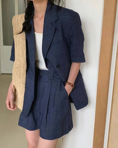 リネンのスーツショートパンツセットアップ