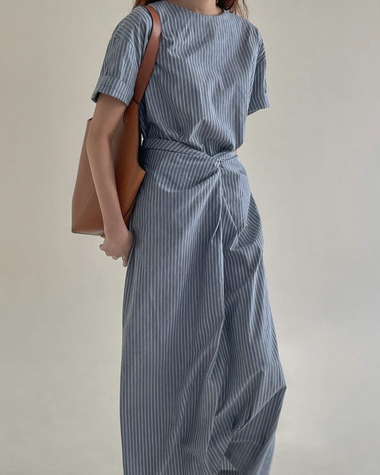 Blue and white striped color-blocking maxi dress