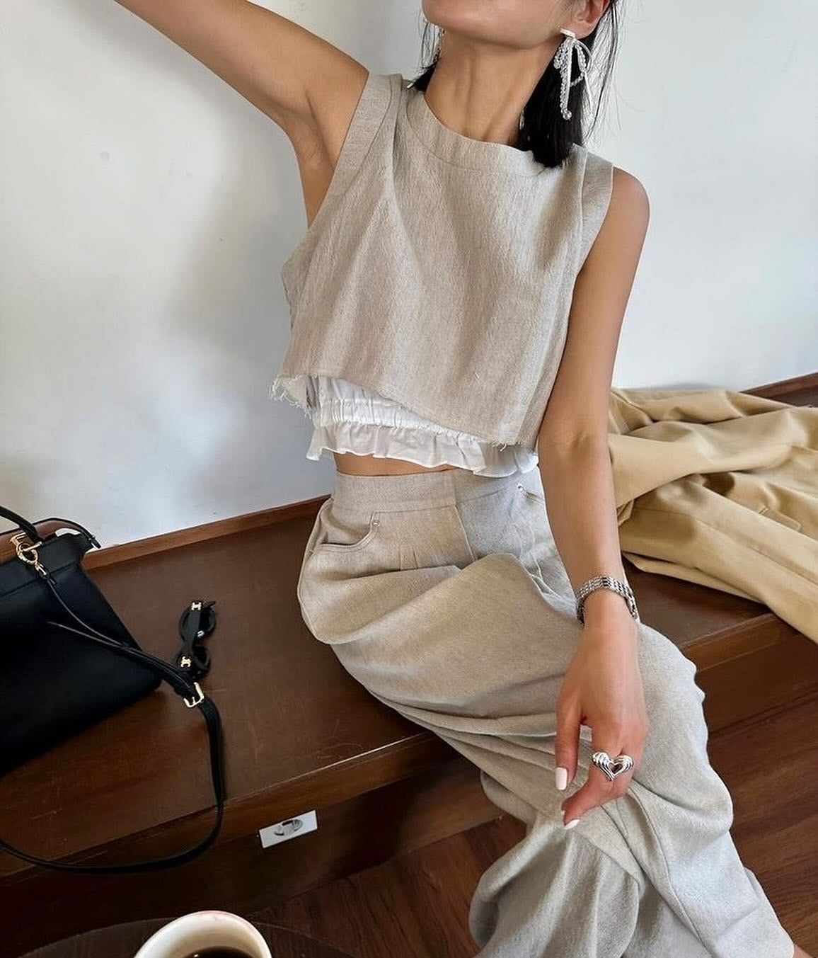 復古花邊背心+長闊腿褲set