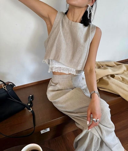 復古花邊背心+長闊腿褲set