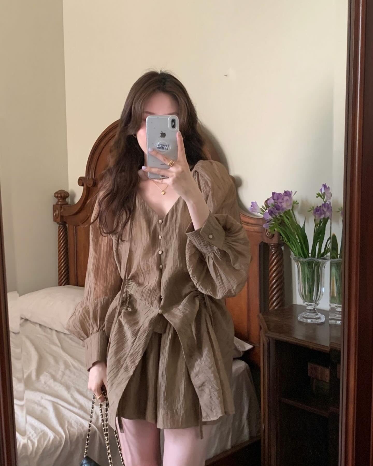 V-neck Long Sleeve Shirt + High Waist Shorts Set