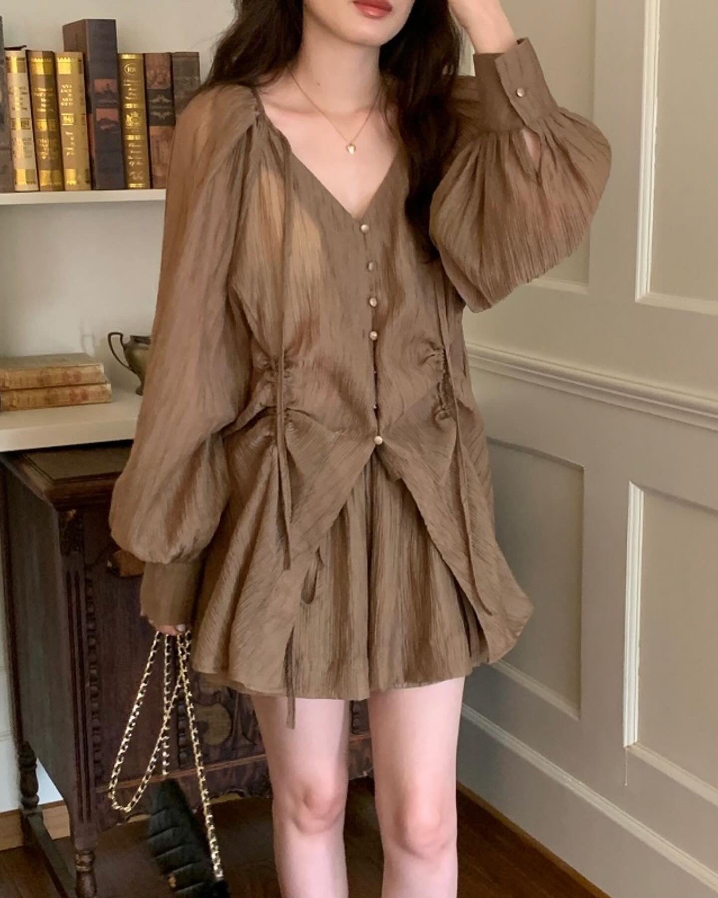 V-neck Long Sleeve Shirt + High Waist Shorts Set