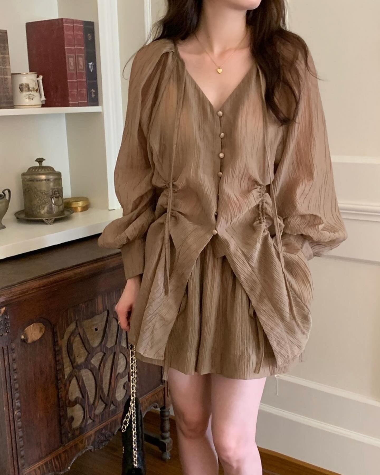 V-neck Long Sleeve Shirt + High Waist Shorts Set