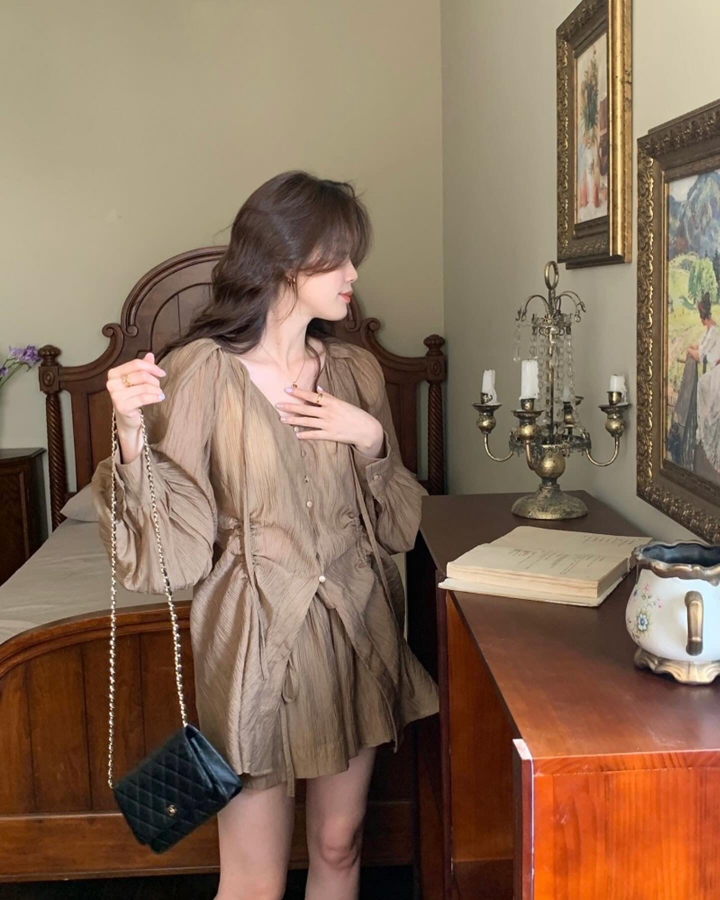 V-neck Long Sleeve Shirt + High Waist Shorts Set