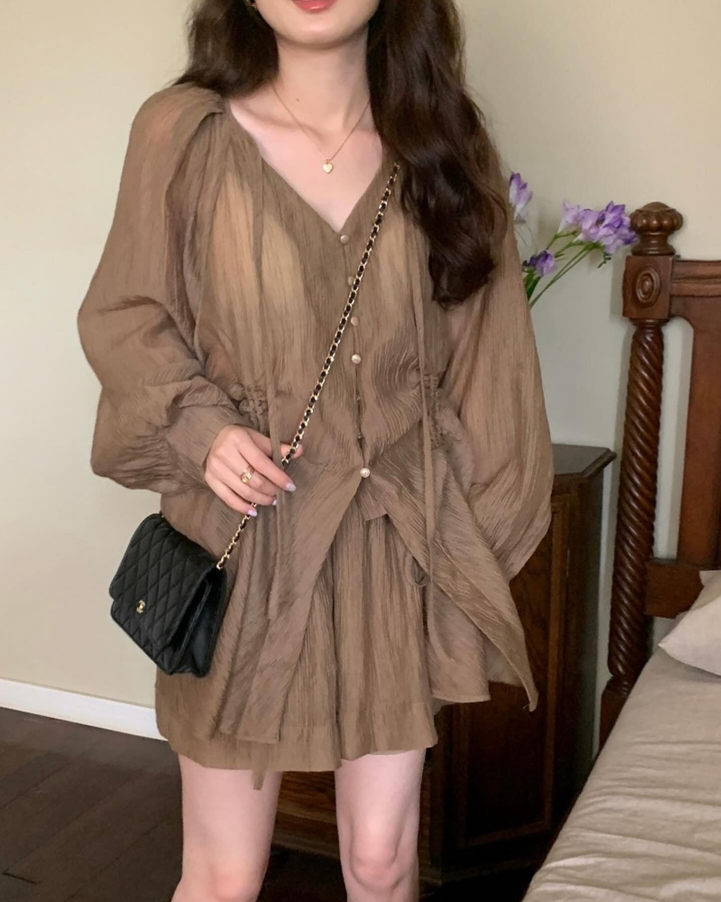 V-neck Long Sleeve Shirt + High Waist Shorts Set