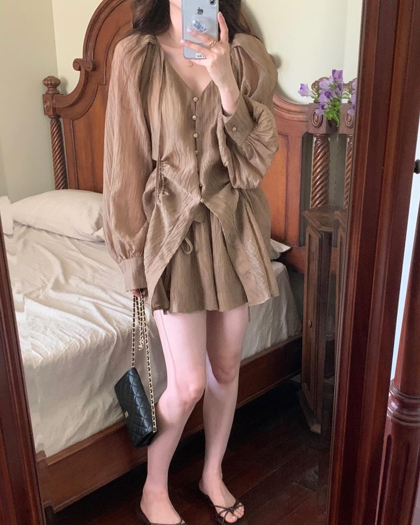 V-neck Long Sleeve Shirt + High Waist Shorts Set