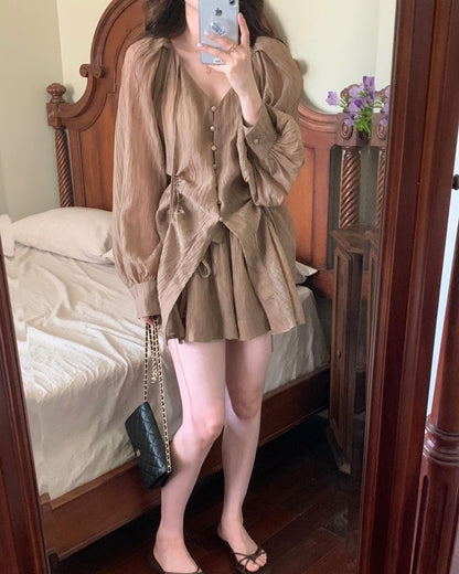 V-neck Long Sleeve Shirt + High Waist Shorts Set