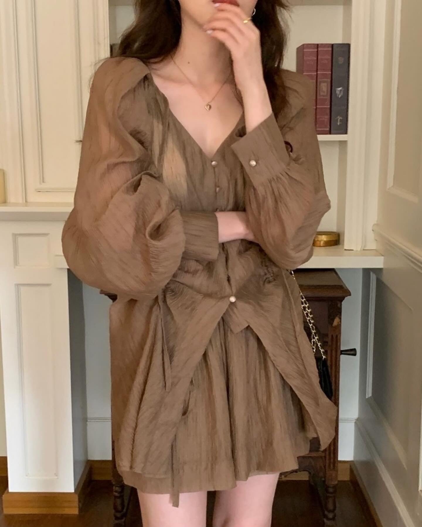 V-neck Long Sleeve Shirt + High Waist Shorts Set