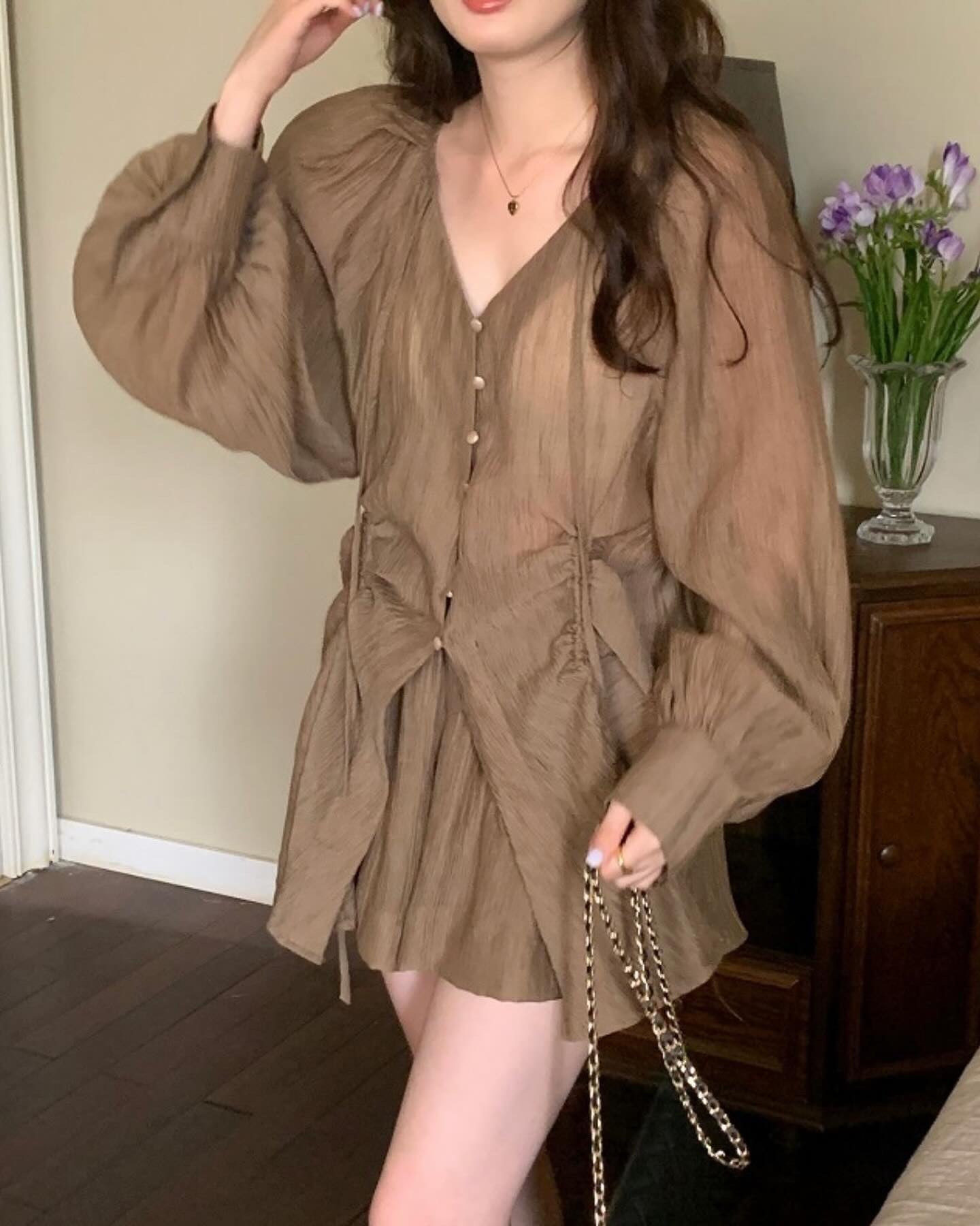 V-neck Long Sleeve Shirt + High Waist Shorts Set