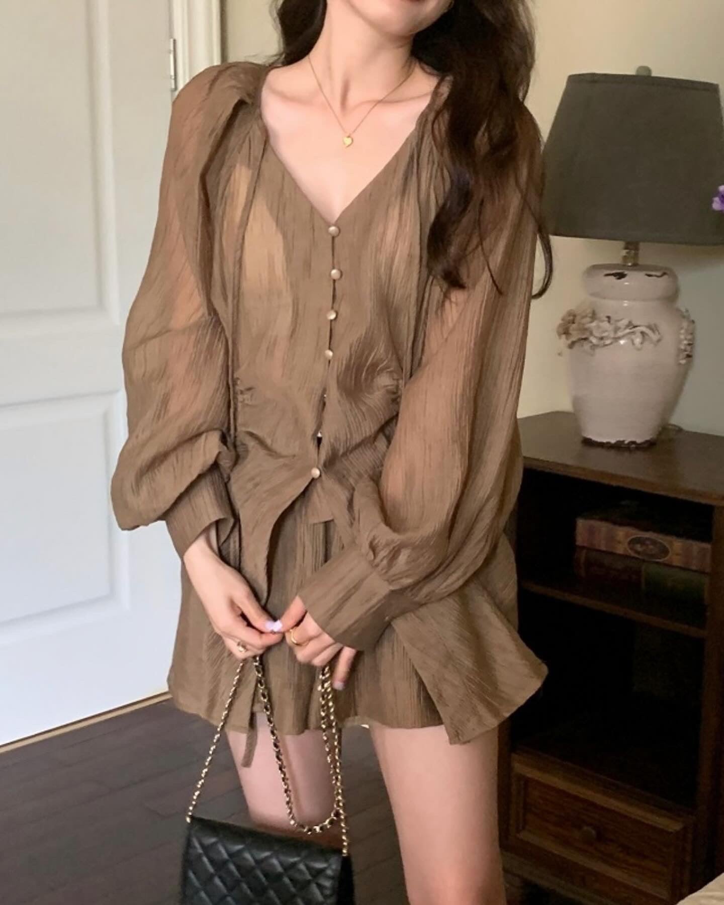 V-neck Long Sleeve Shirt + High Waist Shorts Set