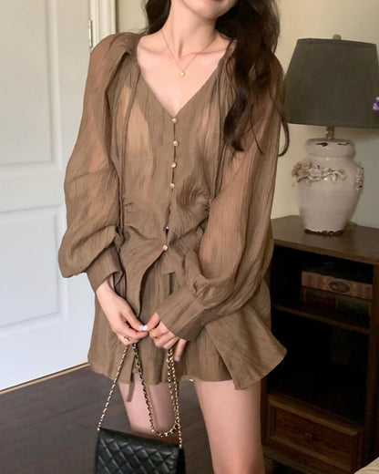 V-neck Long Sleeve Shirt + High Waist Shorts Set