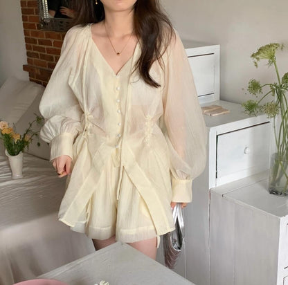 V-neck Long Sleeve Shirt + High Waist Shorts Set