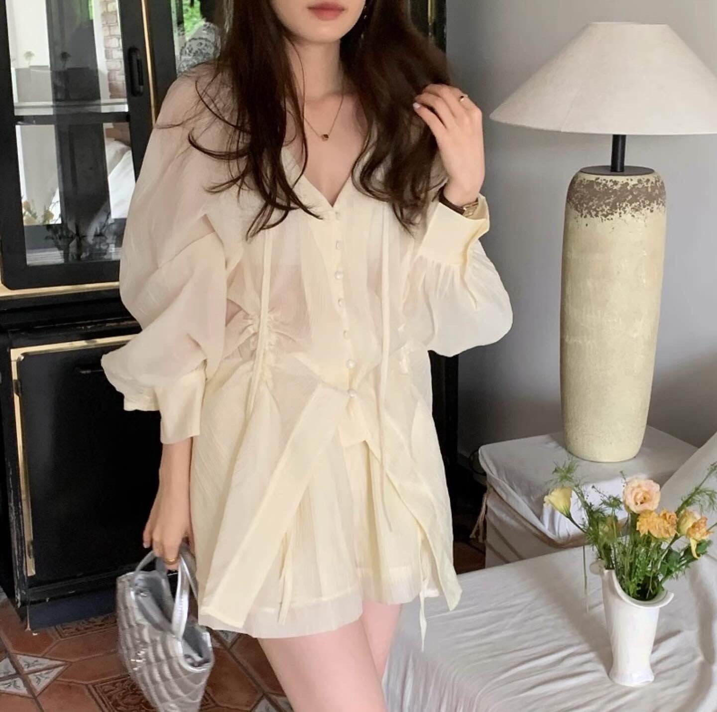 V-neck Long Sleeve Shirt + High Waist Shorts Set