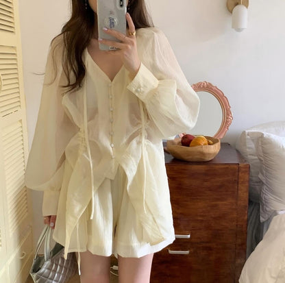 V-neck Long Sleeve Shirt + High Waist Shorts Set