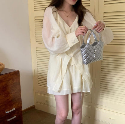 V-neck Long Sleeve Shirt + High Waist Shorts Set