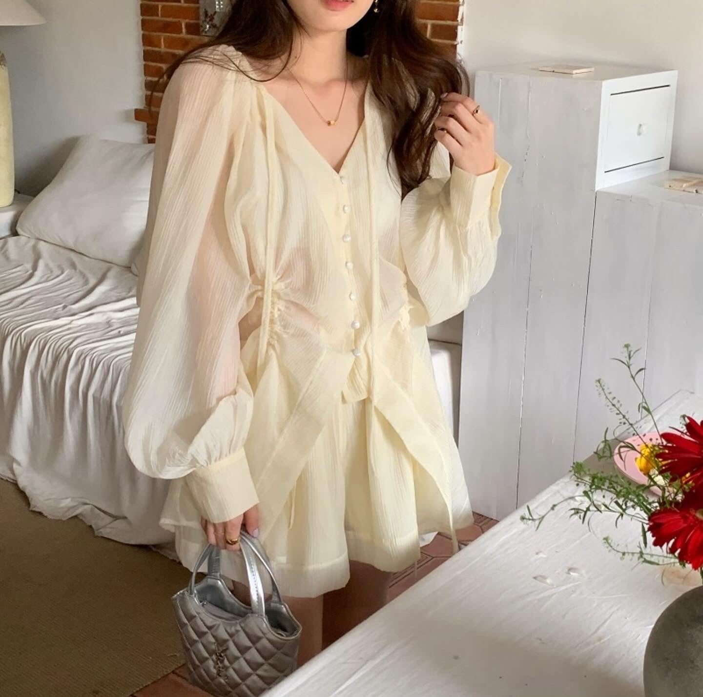 V-neck Long Sleeve Shirt + High Waist Shorts Set