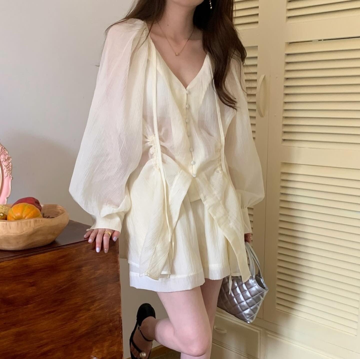 V-neck Long Sleeve Shirt + High Waist Shorts Set