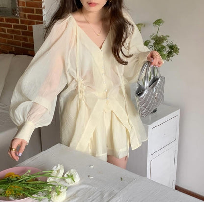 V-neck Long Sleeve Shirt + High Waist Shorts Set