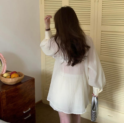 V-neck Long Sleeve Shirt + High Waist Shorts Set