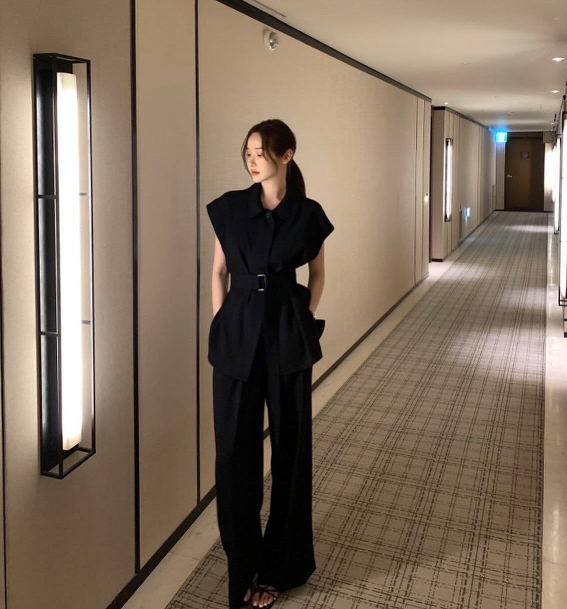 翻領背心綁帶高腰褲set裝