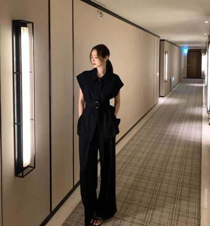 翻領背心綁帶高腰褲set裝