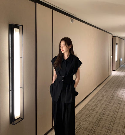 翻領背心綁帶高腰褲set裝