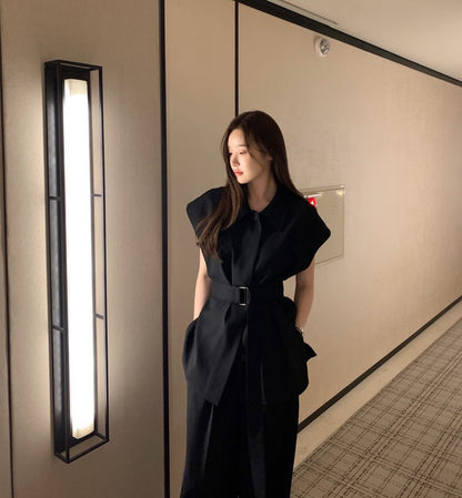 翻領背心綁帶高腰褲set裝