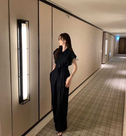 翻領背心綁帶高腰褲set裝