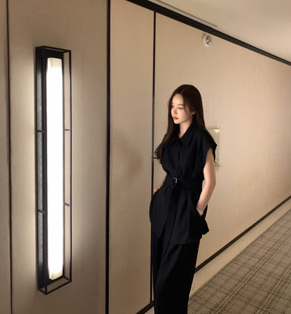 翻領背心綁帶高腰褲set裝