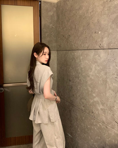 翻領背心綁帶高腰褲set裝