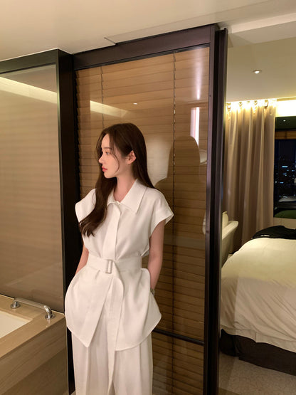 翻領背心綁帶高腰褲set裝