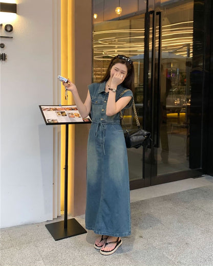 翻領牛仔背心連身裙