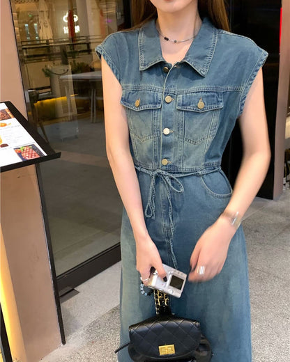 翻領牛仔背心連身裙