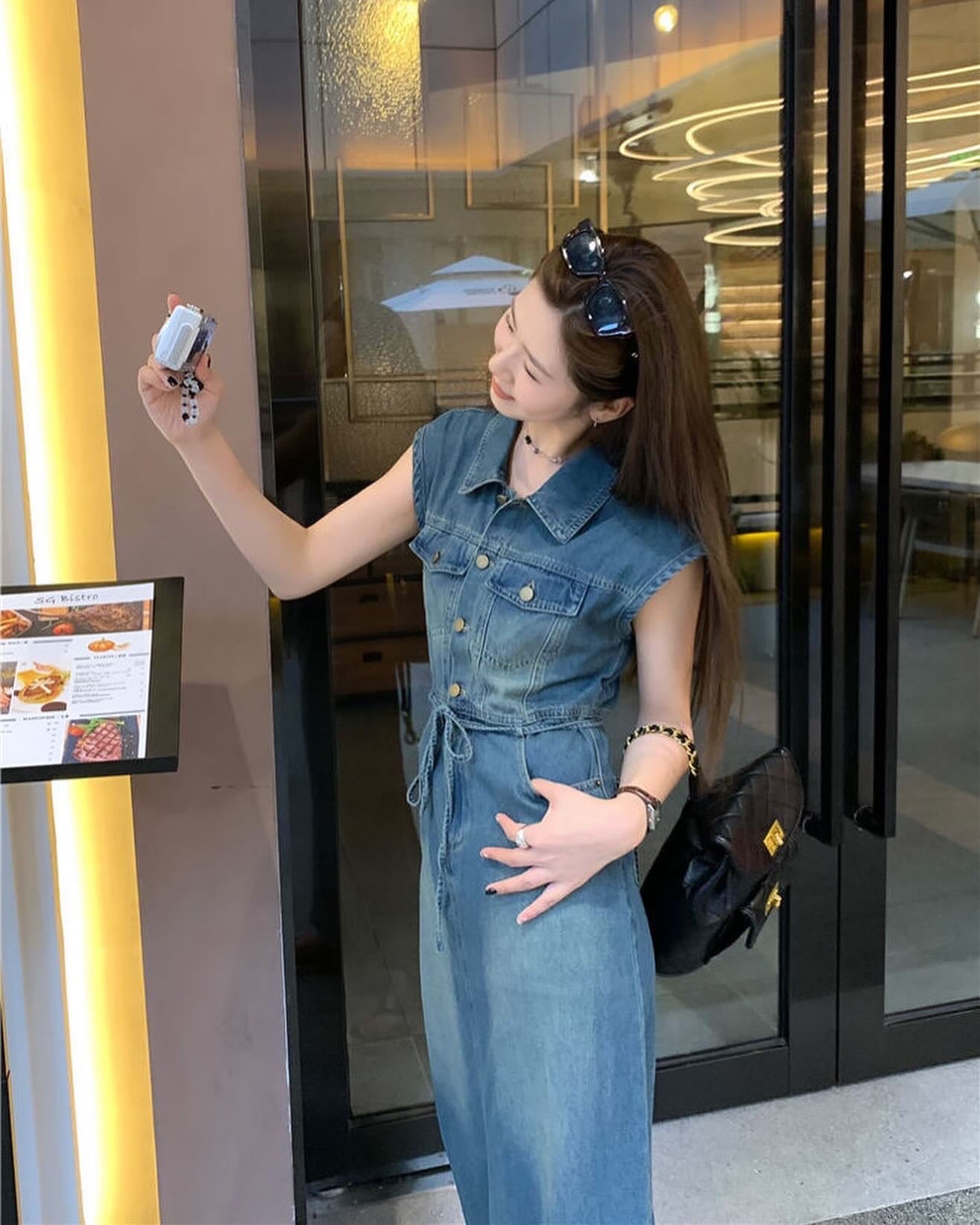 翻領牛仔背心連身裙