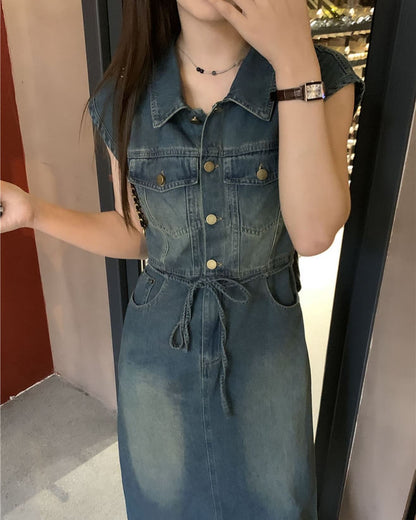 翻領牛仔背心連身裙