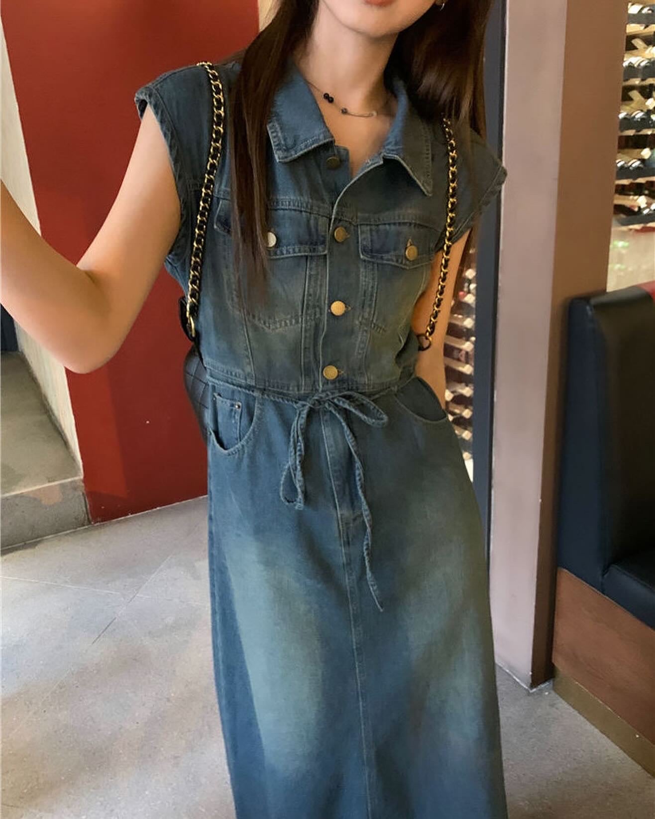 翻領牛仔背心連身裙