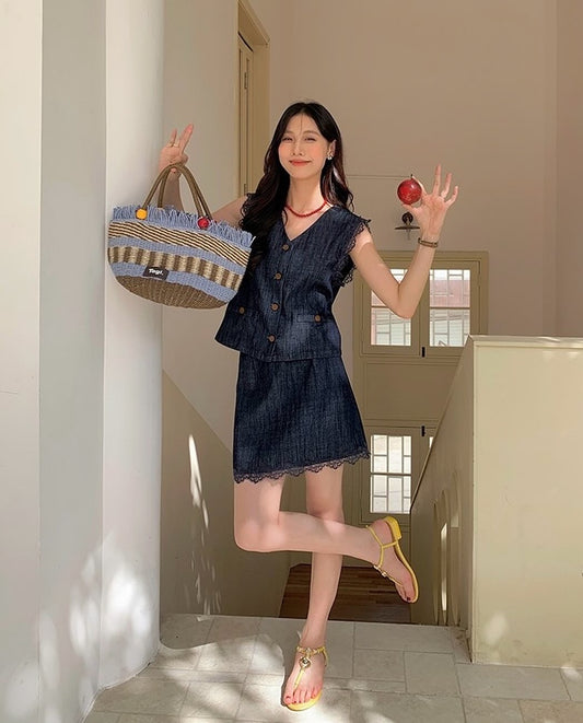 法式蕾絲花邊背心+牛仔短裙套裝