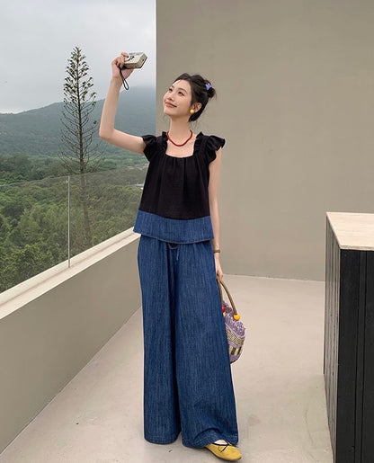 荷葉袖拼色背心+闊腳牛仔色褲套裝