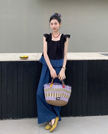 荷葉袖拼色背心+闊腳牛仔色褲套裝